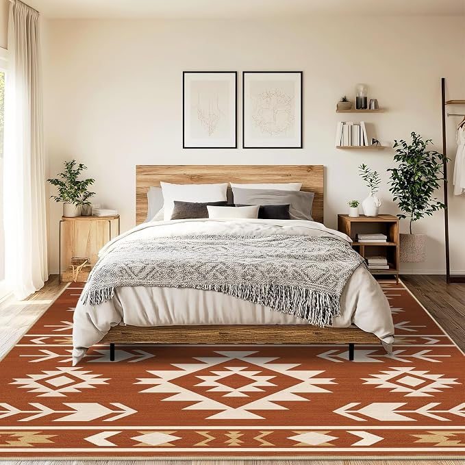 8x10 Area Rug for Living Room Western Rug Southwestern Aztec Tribal Rugs Southwest Navajo Machine Washable Non-Slip Printed Low-Pile Floor Carpet for Bedroom Dining Room Office, Yellow Brown