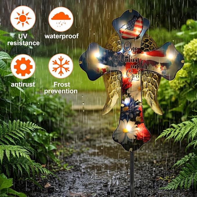 33.5" Independence Day Solar Cross Garden Stake – Angel Wing Memorial Light, IP65 Waterproof Cemetery Decor for Graves, Outdoor Yard Art for Fourth of July, Easter, Patio – Sympathy Gift