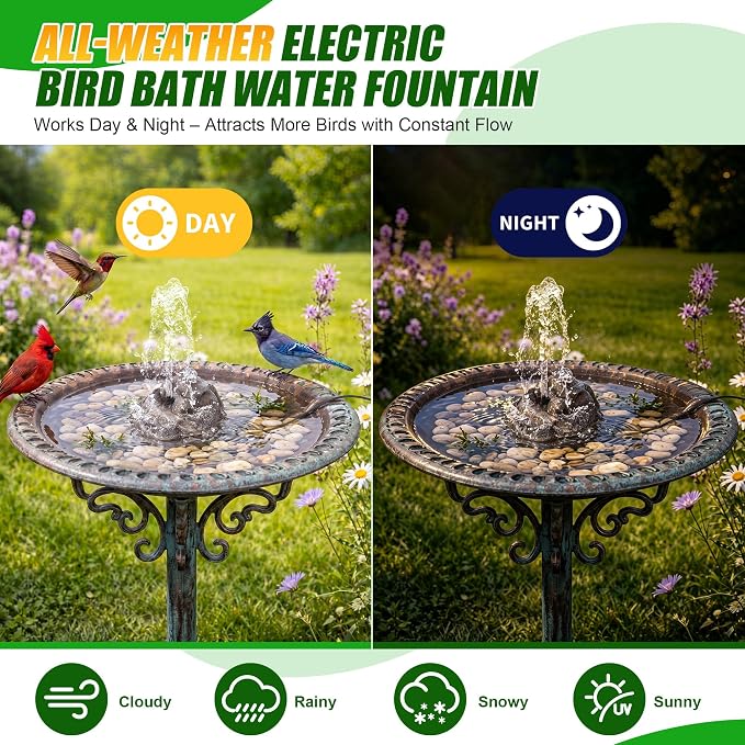 Saillong All Weather Electric Bird Bath Fountain, 8W Water Pump Resin Granite Rock with 2 Nozzles ＆ 3 Adjustable Flow Modes, IPX8 Waterproof Outdoor Fountain Pump for Bird, Birdbath, Fish Tank, Ponds
