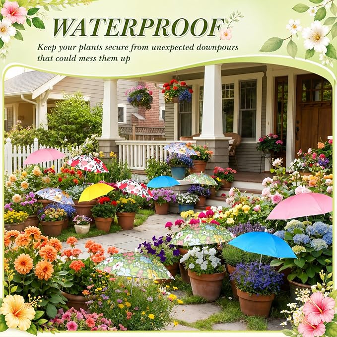6 Pcs Flower Plant Umbrellas for Outdoor Plants 23.6" Wide Adjustable Height Floral Umbrella Shade Canopy Cover for Summer Garden Potted Plants Flower Beds UV Block & Heat Protection