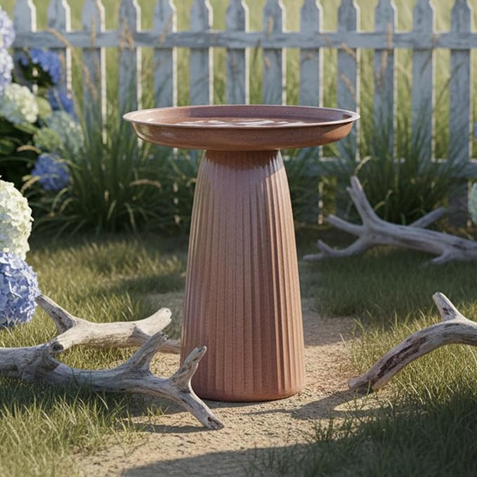 Sunnydaze Gleeful Garden 23" Iron Pedestal Bird Bath for Outside - Modern Shallow Basin Birdbath for Outdoors with UV-Protected Rust-Resistant Finish for Patio, Garden, Yard Decor - Canyon Clay Glaze