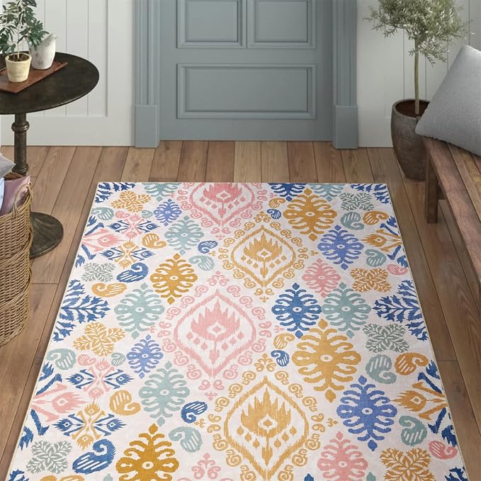 Washable Oriental Floral Rug, Ultra Thin Boho Paisley Indian Tribal 4x6 Area Rug for Dining Room Bedroom Entryway Kitchen, Stain Resistant Vintage Aztec Hippie Living Room Accent Carpet