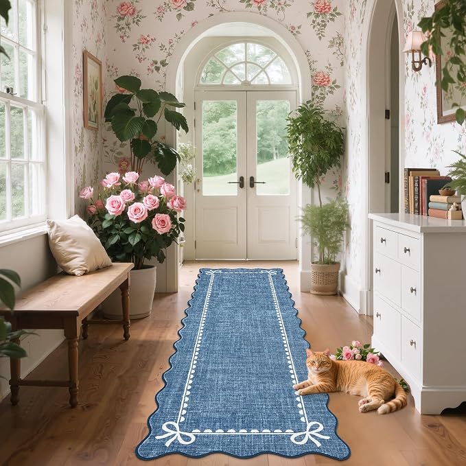 GarveeHome Scalloped Hallway Runner Rug 2.5x8 Non Slip Dark Blue Rugs | Washable Bow Rug for Girls Bedroom Dorm Nursery Entyrway Kitchen, Soft Low Pile Ultra-Thin Stain Resistant Indoor Carpet