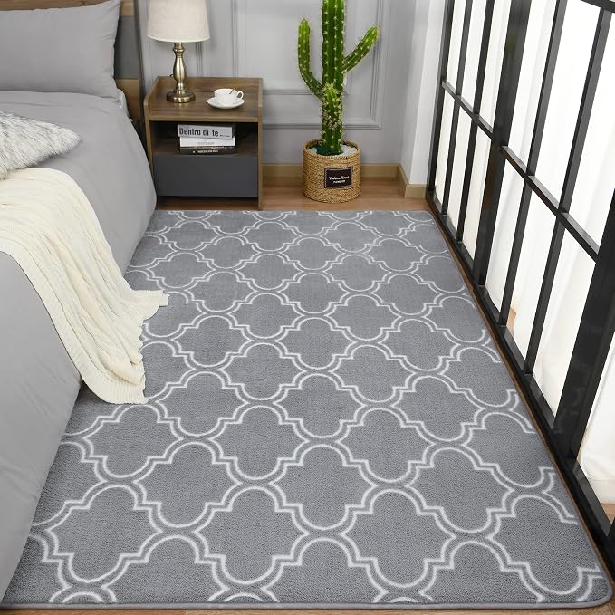 Chicrug 3x5 Shag Geometric Modern Area Rug for Bedroom Entryway | Memory Foam Indoor Carpet, Fluffy Rug for Bedside Room for Family Girls Kids Play Mat, Grey and White