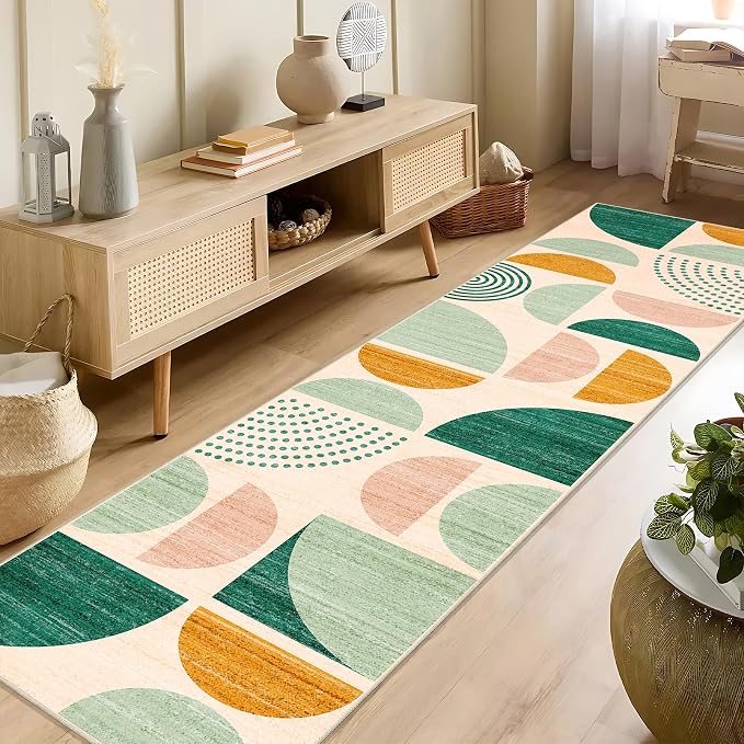 Green Runner Rug Washable 2x8 Area Rugs Non Slip Modern Abstract | Long Throw Carpet for Hallways Kitchen Bedroom Entryway Bathroom Laundry Boho Soft Low Pile Floor Indoor Bohemian Sage Green