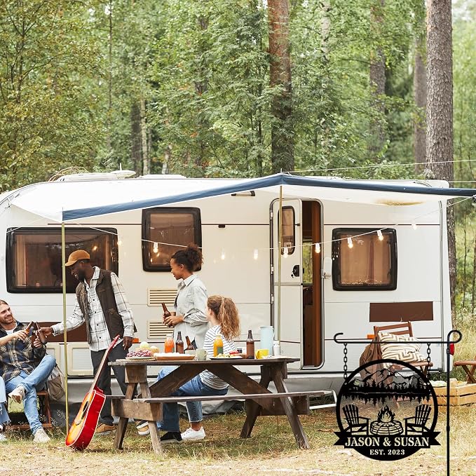 Personalized Campfire Metal Sign, Custom Family Name Camping Wall Art with Adirondack Chairs & Mountain Design, Outdoor Camp Decor, Rustic Cabin Lake House Sign, Established Year Gift