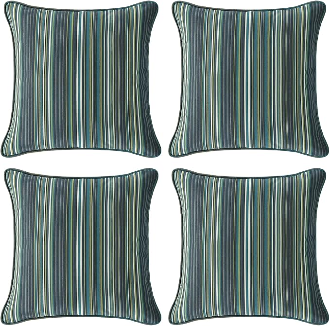Unimatta Sunbrella Decorative Outdoor Water Repellent Throw Pillows with Inserts, Set of 4, 18" x18" Pillows for Patio, Backyard, Bed, Couch, and Patio Furniture, Beach Stripe Lagoon