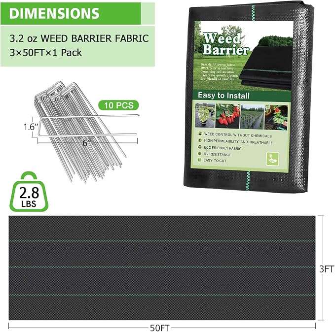 3x50FT Weed Barrier Landscape Fabric, 3.2oz Heavy Duty Garden Cloth, Ground Cover for Gardening, Come with 10 U-Shaped Securing Pegs