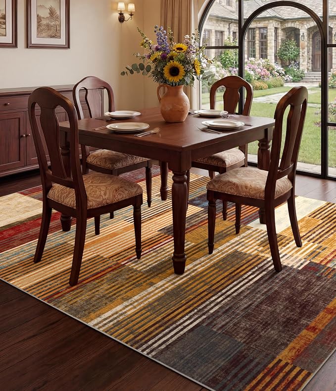 Brown Area Rug 4x6, Farmhouse Rugs Washable,Vintage Burgundy Carpets for Bedroom,Burnt Orange Area Rug Non Slip,Geometric Boho Rug for Kitchen,Dining Room