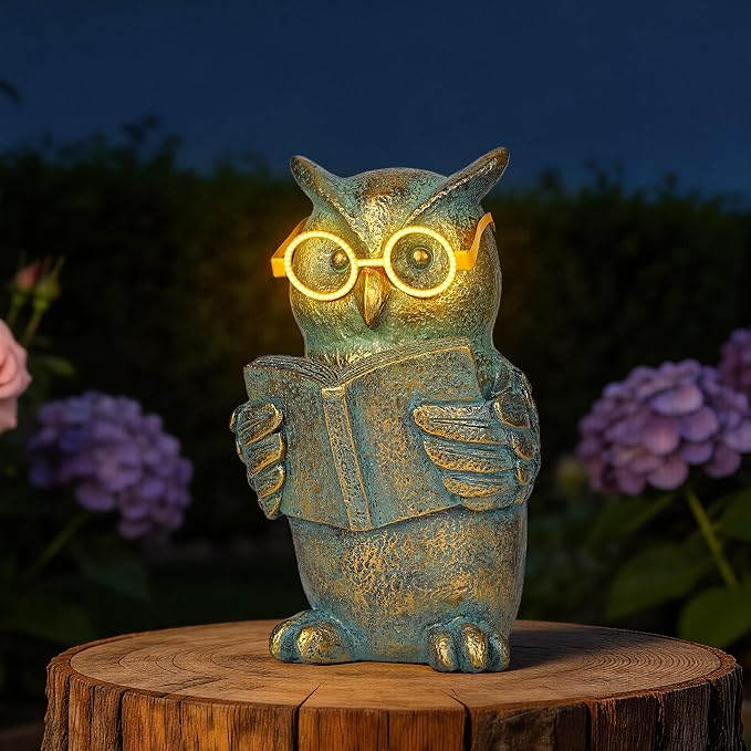 Reading Owl Statue with Solar Glasses Bronze Resin Garden Decoration Outdoor Figurine Light for Patio, Yard, Lawn, Housewarming Home Decor Gift for Women