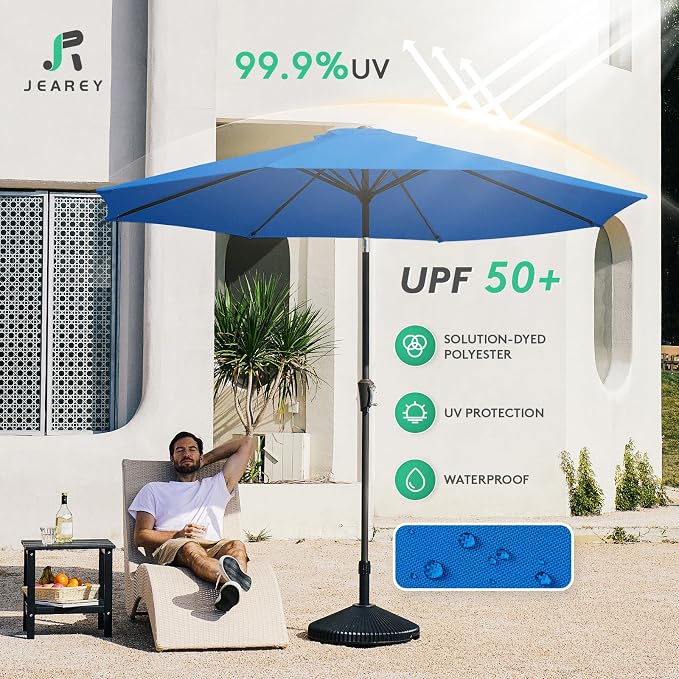 JEAREY 10FT Outdoor Patio Umbrella Outdoor Table Umbrella with Push Button Tilt and Crank, Market Umbrella 8 Sturdy Ribs UV Protection Waterproof for Pool, Garden (Royal Blue)
