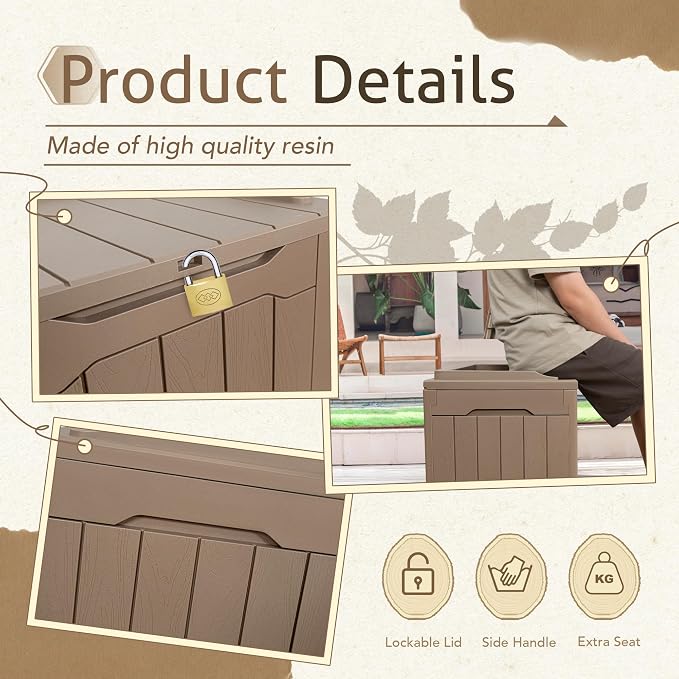 Flamaker 2 Pack Deck Box 31 Gallon Waterproof Resin Storage Box with Lid Indoor Outdoor Delivery Box Storage Bin for Patio Cushions (Light Brown)