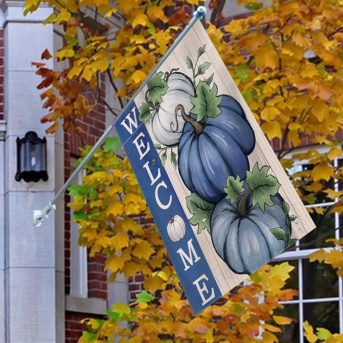 Welcome Fall Pumpkins Decorative House Flag, Autumn Blue White Pumpkin Farmhouse Garden Yard Outside Decorations, Thanksgiving Rustic Burlap Outdoor Large Home Decor Double Sided 28 x 40