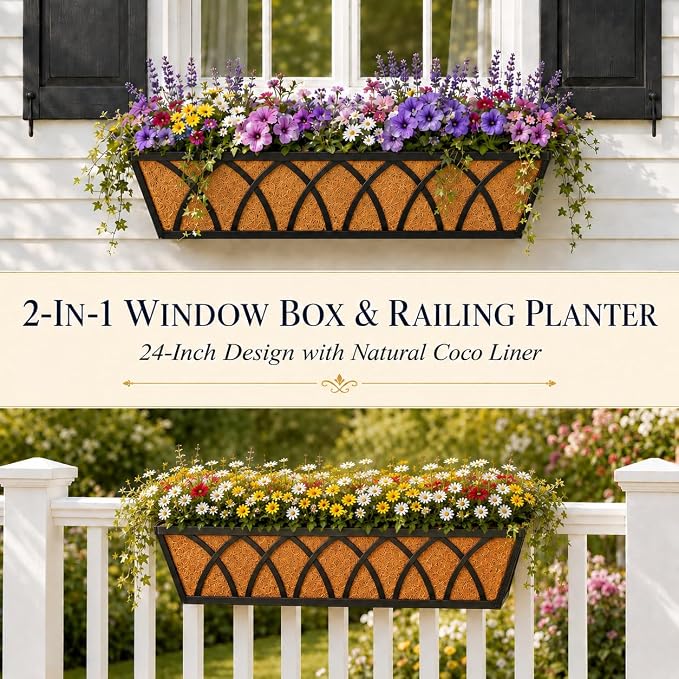 24 Inch Railing Planter Box with Coco Liner, Adjustable Metal Window Box, Hanging Flower Planter Outdoor, for Balcony Deck Fence Garden, Black, Set of 4