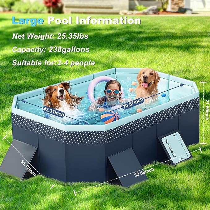 Large Foldable Swimming Kiddie Pool 83"x 55"x 22",Hard Plastic Square Pool for Kids & Dogs, Reinforced Sidewalls for Backyard Use (Blue,83")