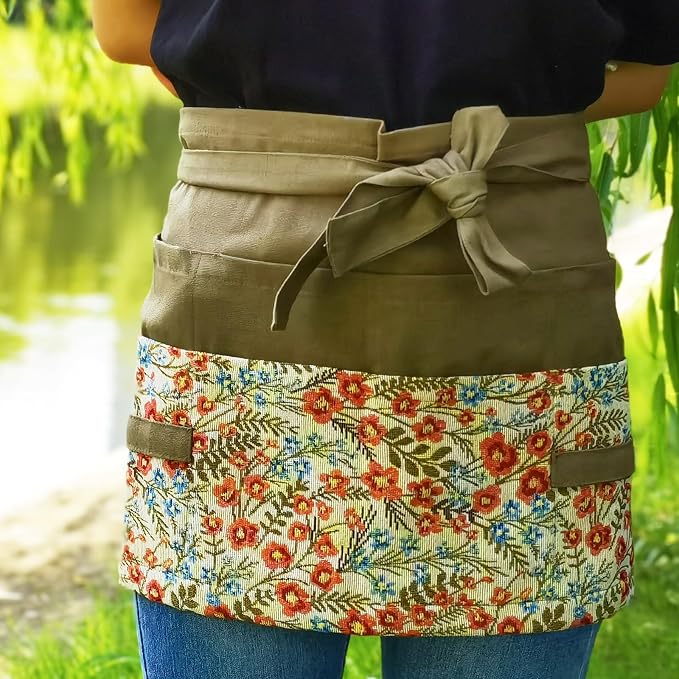 Garden Apron for Woman, Serve Apron Cute, Flora Half Apron with 8 Pockets, Valentines Gift for Mom Wife Girlfriend