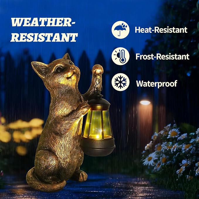 HONGLAND Cat Outdoor Statues Garden Decor, Cat Figurines Solar Lantern Lights, Birthday Gifts for Mom, Front Patio Balcony Yard Art Lawn Ornaments Porch Outdoor Decorations
