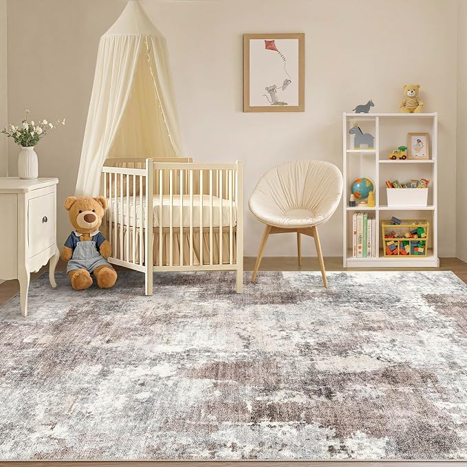 Tortania Washable 8x10 Area Rug for Living Room: Modern Abstract Neutral Large Soft Thin Rugs - Non Slip Indoor Carpet for Bedroom Dining Room Office Nursery Home Floor Decoration - Gray Brown