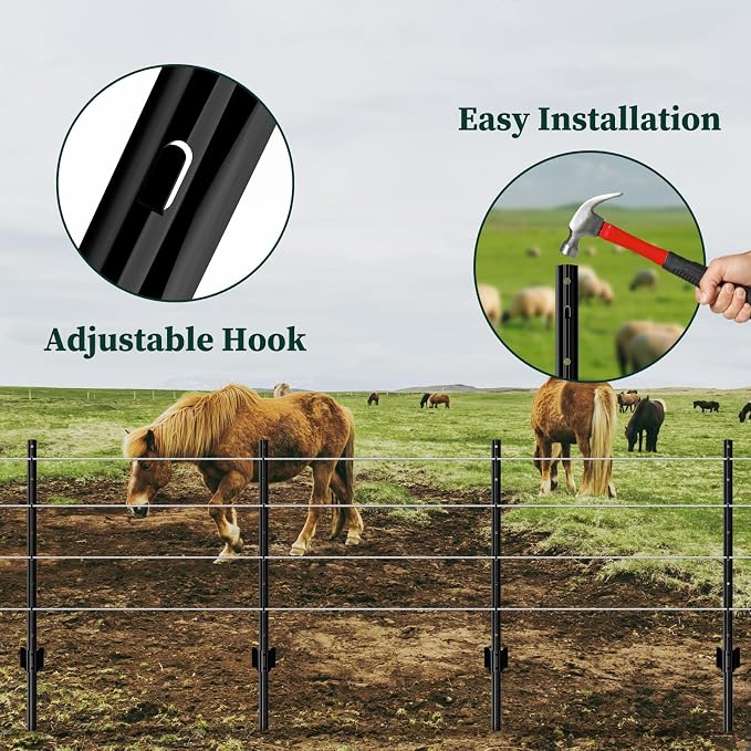 10 Pack Metal Garden Fence Posts 5 FT Black – Heavy Duty U-Post for Wire Fencing, No-Dig Fence Stakes for Temporary Fencing, Corner Anchor Posts, Rustproof Powder-Coated Steel for Farm, Yard & Garden | Heavy-Duty