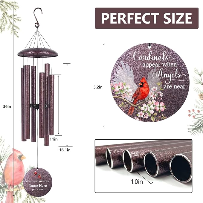 Memorial Wind Chimes for Loss of Loved One/Mom/Dad Personalized Cardinal Deep Tone Wind Chime, Sympathy Gifts for Remembrance Grief Condolences