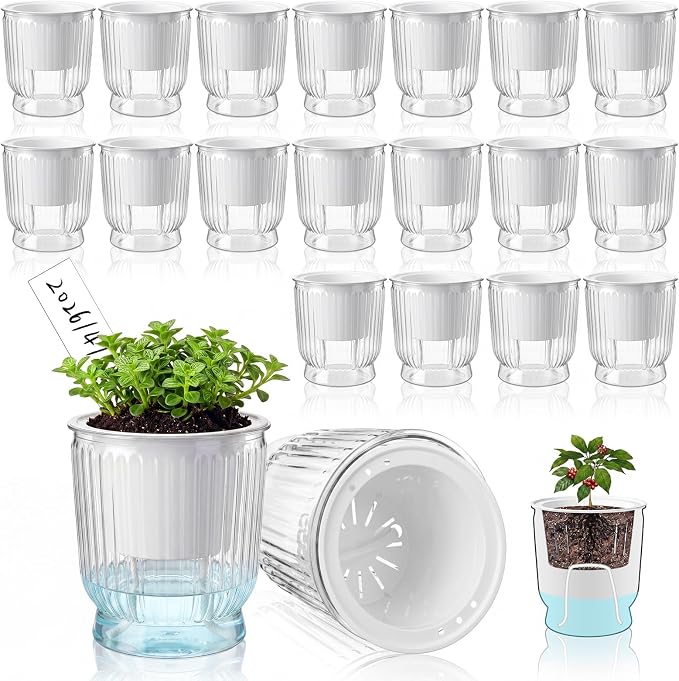20 Sets 4 Inch Self Watering Pots Bulk Small Plant Pots with Inner Reservoir, Clear Self Watering Wick Planter Plastic Plant Labels for Indoor Succulents Herbs Flowers Pothos
