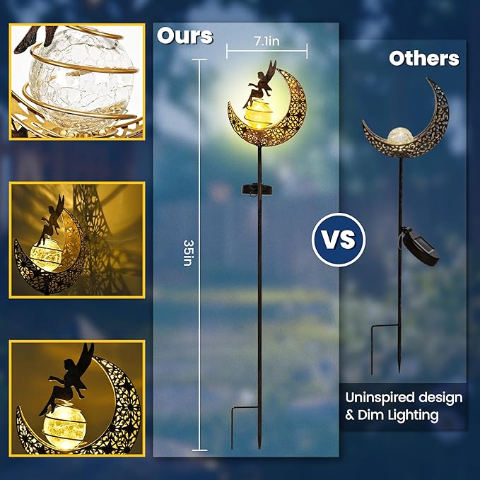 Fairy Garden Solar Lights Outdoor Decor, Moon Garden Stakes, Waterproof Outdoor Metal Decorations Gifts for Women and Mom, Art Moon Sculpture for Walkway, Yard, Patio, Garden and Porch, 1 Pack