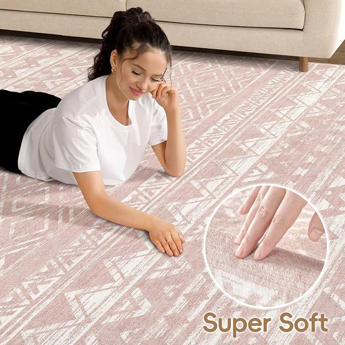 cotiled Boho 8x10 Area Rugs for Living Room: Large Moroccan Washable Rug | Solve Modern Neutral Trendy Home Decor - Stain Resistan Carpet for Bedroom Farmhouse Dining Room Pink