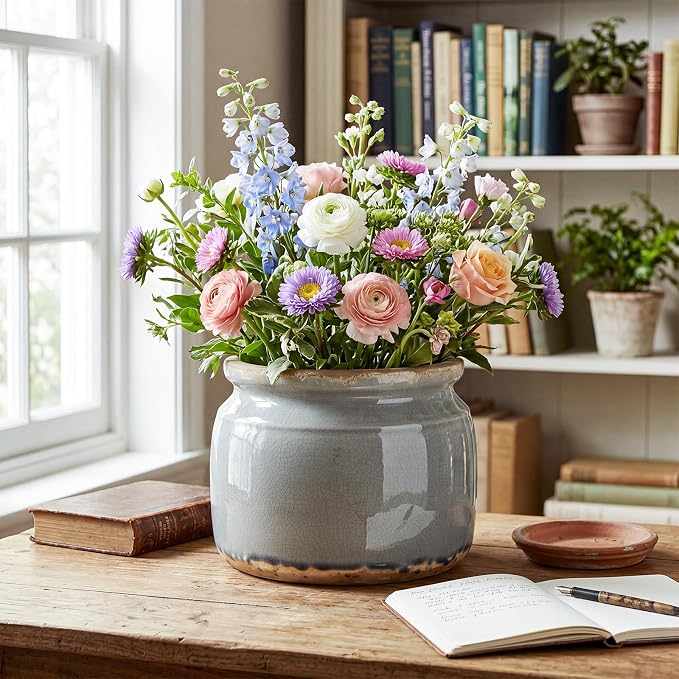 7.7" Large Ceramic Plant Pot Grey Vintage Planter Crackle Glaze Decorative Retro Flowers Pot with Drainage for Indoor Outdoor Plants Home Shelf Kitchen Office Patio Decor Gift