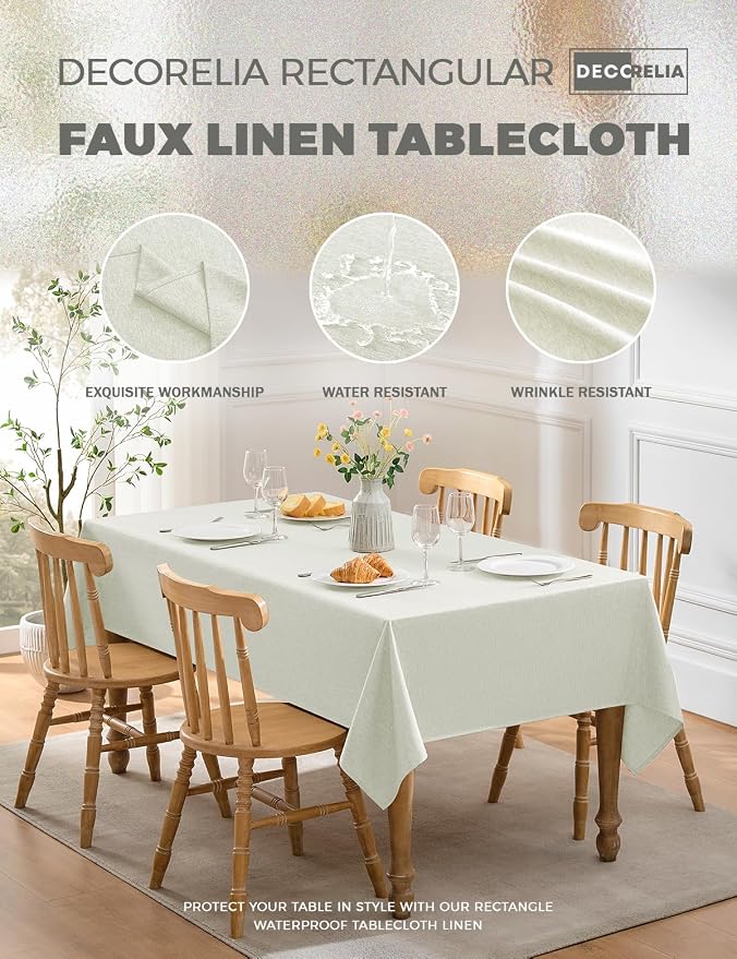 Decorelia Waterproof Linen Table Cloth for 8ft Rectangle Table, Easy to Clean Wrinkle-Free Wipeable Outdoor Tablecloth for Wedding, Party and Camping(Oblong, 60 x 120 Inch (10-12 Seats), Light Grey)