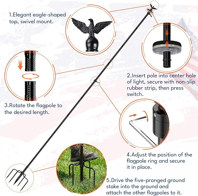 LETSTRY 10 FT In-Ground Flag Pole for Outside House with Solar Light, Heavy Duty Flagpole with Upgraded 5-Prong Base,Portable Mount Flapoles Kit for Yard, Garden Decor, Residential Commerical, Black