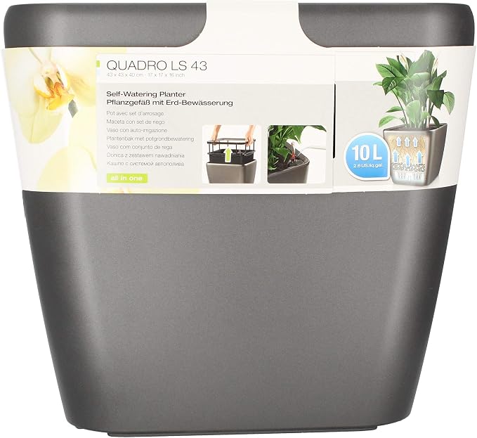 Lechuza Quadro LS 43 Charcoal Metallic, Self-Watering Square Planter, H15.4 L16.9 W16.9 in
