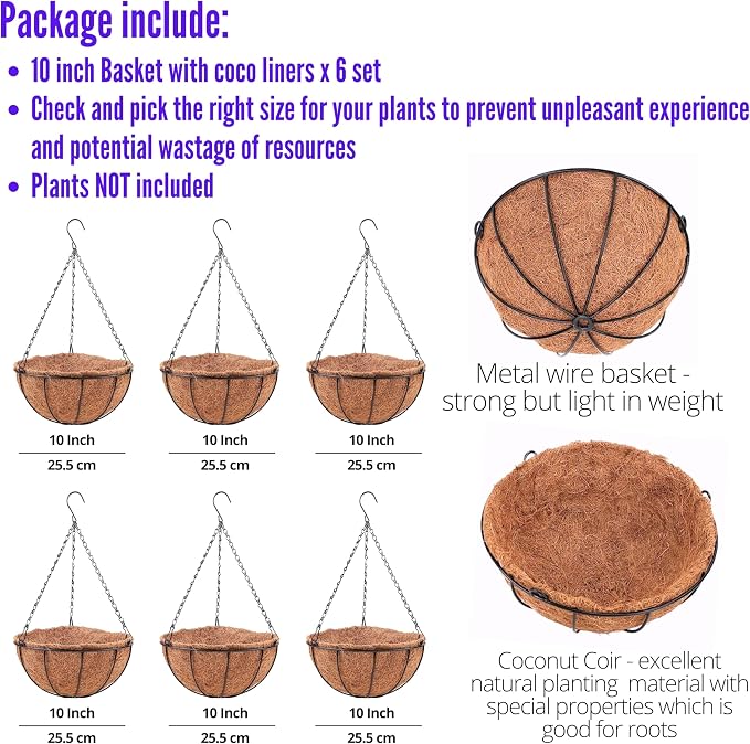 LaLaGreen Hanging Baskets for Plants (6 Pack, 10 Inch) Hanging Planter Outdoor with Coco Liner, Metal Wire Flower Basket Pots Holder Hanger Hook Deck Patio Porch Garden Balcony Outside Decoration