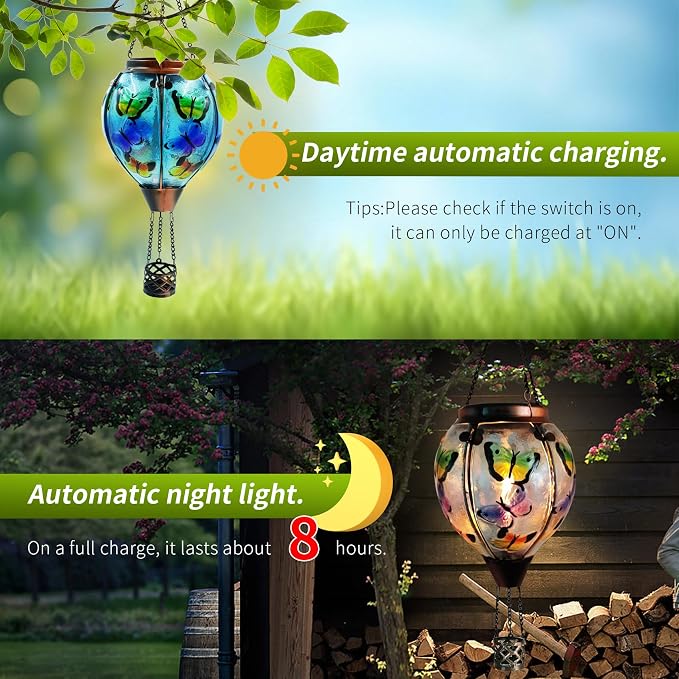 Glass Solar Hot Air Balloon Lantern with Flame Hanging Garden Flickering Light Outdoor Waterproof for Yard Patio Tree Mother's Day Gift, Butterfly