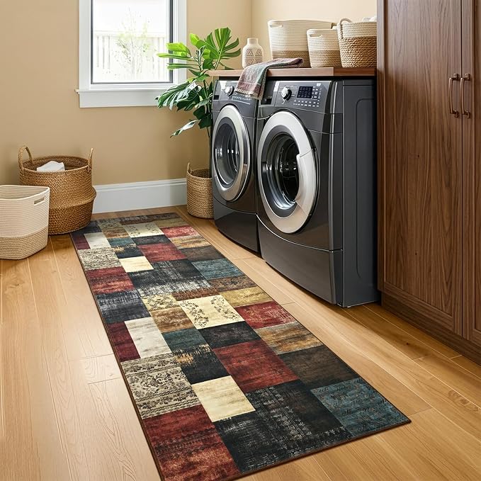 Runner Rug for for Hallways, 2'x6' Washable Kitchen Rugs with Non Slip Rubber Backing, Soft Low Pile Non-Shedding Geometric Carpet for Laundry Bedroom Bathroom, Colorful