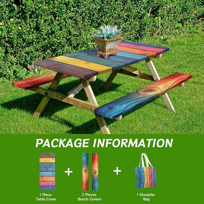 Wood Grain Picnic Table Cover with Bench Covers and Carrying Bag, Rustic Vintage Colorful Rainbow Stripes Rectangle Table Cover, Outdoor Patio Camping Essentials 6FT 4PCS, Camping Fitted Tablecloth