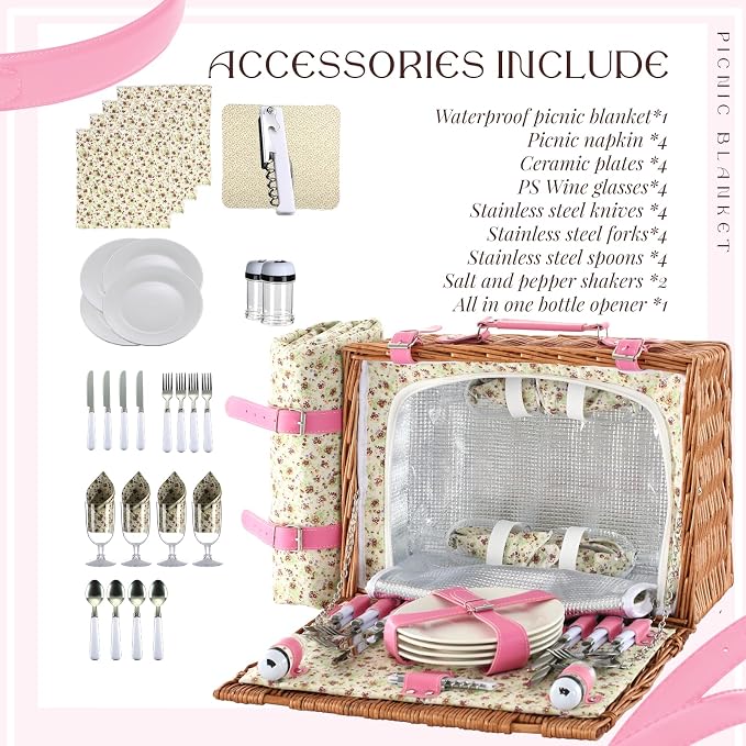 Picnic Basket Set for 4 with Waterproof Blanket Mat Insulation Bag Wicker Pink Floral Classic Fresh Gift for Christmas Thanksgiving Wedding Birthday Camp Outdoor Beach Travel