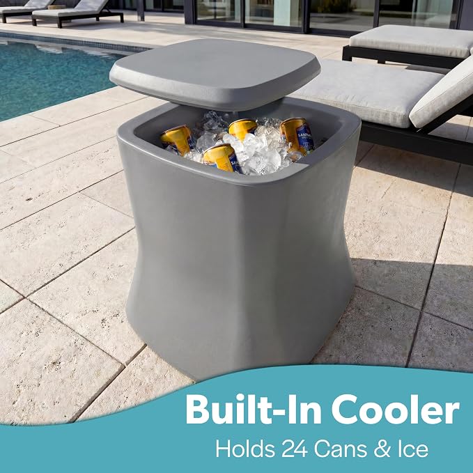 Coast Modern Outdoor Side Table Cooler- 2 in 1 Patio Decor Storage Table & Ice Chest - 25 QT - White, Gray, Sand, Stone Blue, Black