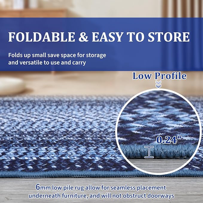 RUGSREAL Braided Print Runner Rug 2x8 Machine Washable Hallway Runner Rugs | Entryway Long Throw Carpet Non Slip Kitchen Mat Living Room Rustic Carpet for Bedroom Dining Room, Navy