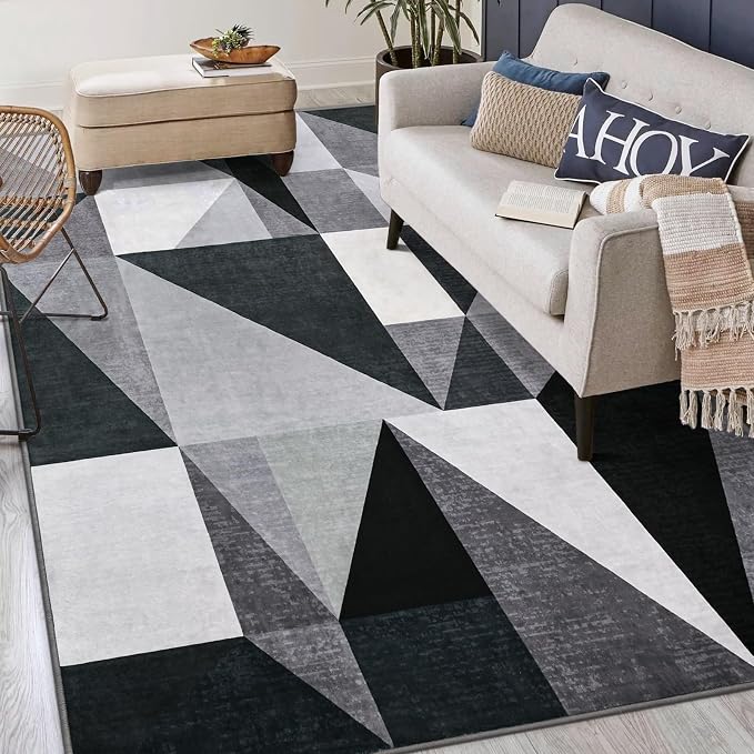 TWINNIS Indoor Modern Area Rug, 6x9 Geometric Patchwork Style Washable Large Rugs for Living Room Bedroom Hardwood Floors, Non Shedding Non Anti Backing Soft Carpet Home Floor Decor, Grey