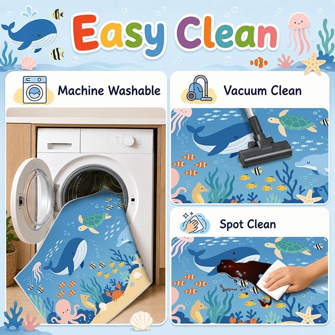 8x10 Ocean Area Rug for Kids Play Room Bedroom Beach Whale Fish Large Rug Machine Washable Non-Slip Carpet for Nursery Living Room Bedroom