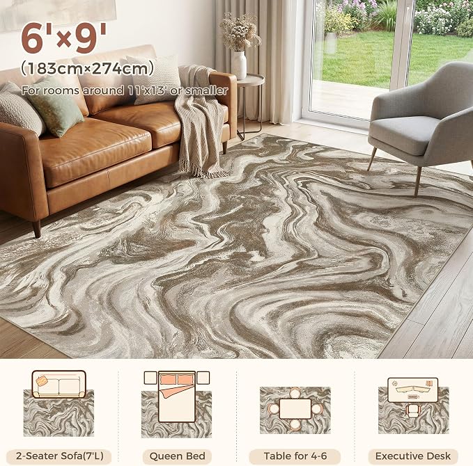 DMOYEST 6x9 Area Rug for Living Room Washable Abstract Indoor Carpet | Neutral Modern Low Pile Rugs Kid & Pet Friendly Soft Thin Carpet for Bedroom Dining Room and Office - Sand Brown