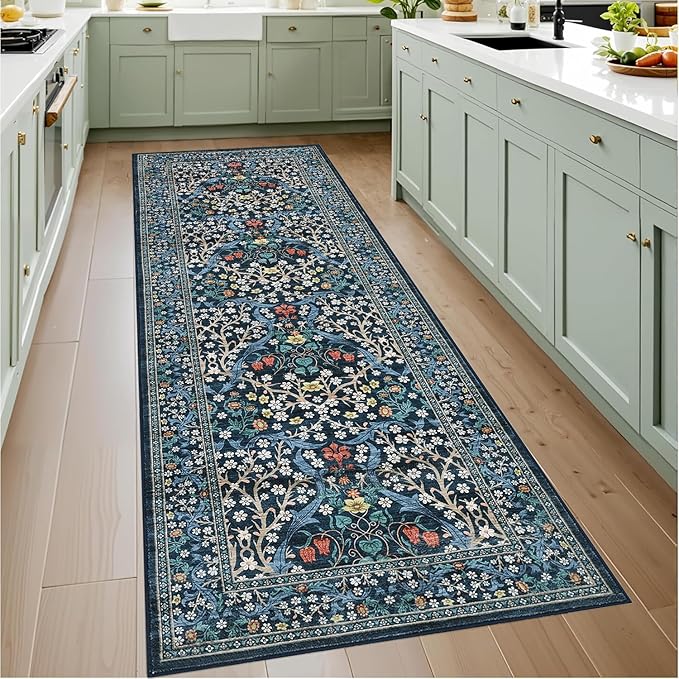 GarveeHome Blue Floral 2x6 Washable Kitchen Runner Rug | Vintage Stain Resistant Rugs for Entryway Hallway Bedroom Bathroom Low-Pile Non-Slip Soft Botanical Boho Rug TPE Backing