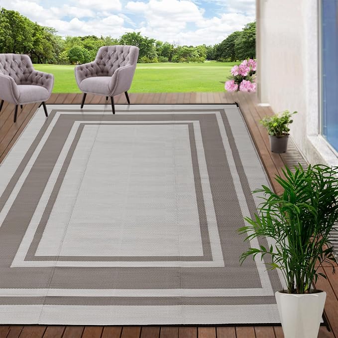 RURALITY Outdoor Rugs 6x9 Feet Waterproof for Patios Clearance,Plastic Straw Mats for Backyard,Porch,Deck,Balcony,Reversible,Easy to Clean, Modern Geometric
