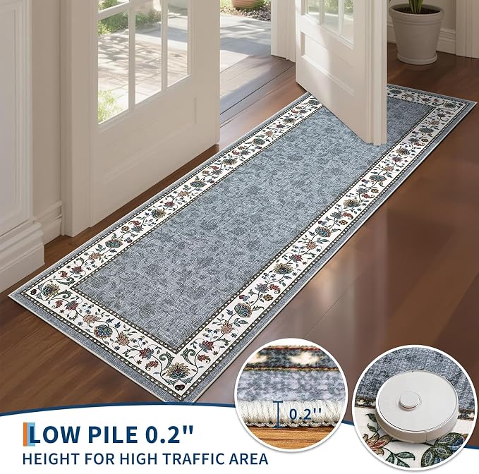 Garvee Area Rugs 9x12 Living Room Washable Rug Vintage Floral Rugs | Grey Boho Border Area Rug Stain Resistant Easy Cleaning Throw Rugs Low Pile Floor Cover for Nursery Dining Room Apartment