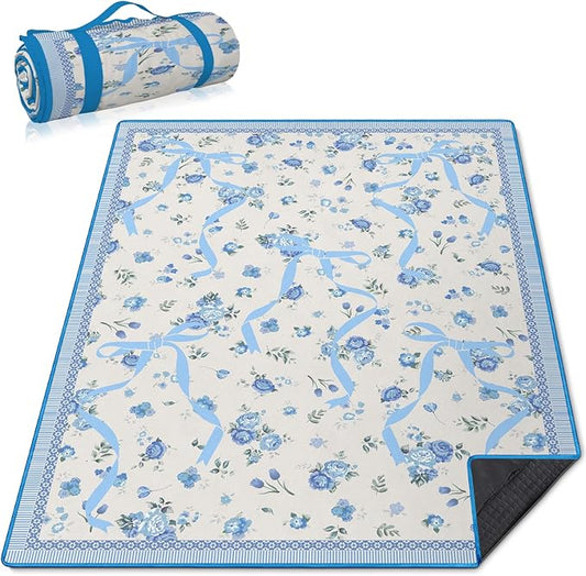 Floral Picnic Blankets Waterproof Foldable, 60″X80″ Packable Picnic Mat Cute Bow Outdoor Blanket for Grass,Large Beach Blanket Sandproof Picnic Accessories for Camping Music Festival Party Park Travel