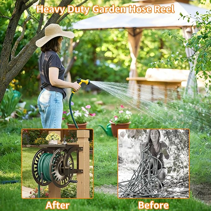 GOFORWILD Metal Decorative Wall Mount Hose Reel - Heavy Duty, Leak-Proof Connection, Holds 200ft x 5/8 Hose, Bronze Finish, Easy Assembly