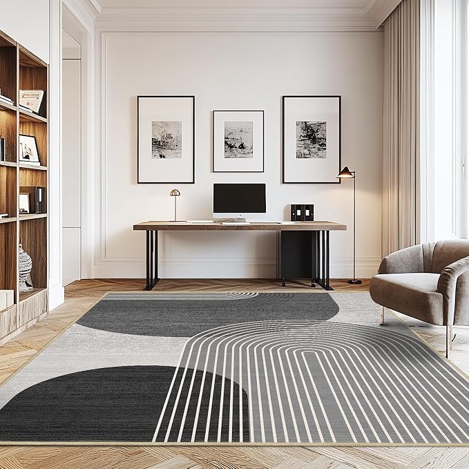 8x10 Large Area Rug for Living Room BohoRug Bohemian Rugs Machine Washable Modern Geometric Rug Non Slip Printed Low Pile Indoor Floor Carpet for Dining Room Bedroom Office,Grey and Black