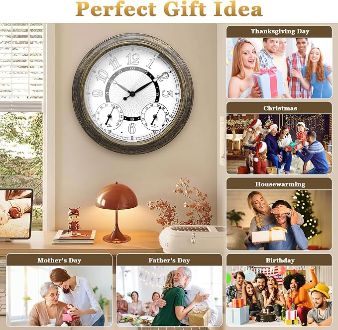 Pytha Sight Illuminated Large Metal Outdoor Clocks Waterproof 15 Inches with AI Auto Light Smart Sensor,Large Indoor Outdoor Wall Clocks with Thermometer & Hygrometer for Patio, Pool, Garden,Porch