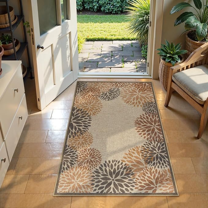 LIVEBOX Easy Jute 28''x43'' Front Porch Rug, Outdoor Non Slip Washable Kitchen Rug Modern Floral Bohemian Area Rugs Floor Hello Welcome Door Mat Carpet for Entryway Doorway(Beige 28''x43'')