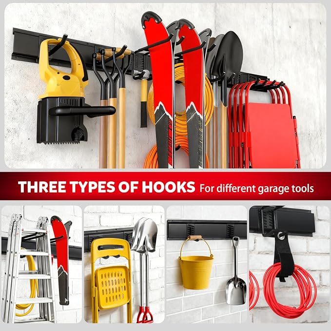 64 Inches Garage Tool Organizer Wall Mount, Tool Storage Rack Wall Mount, Heavy Duty Garden Wall Organizer System for Yard, garage and Shed, Tool Holder for Hanging Rake Snowboard Broom Mop